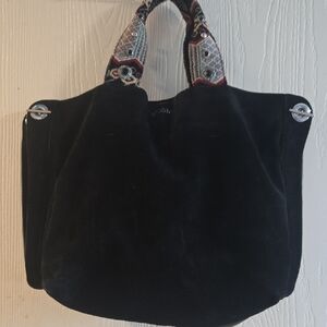 Vince Camuto Black Leather Suede Tote Bag with Embroidered Handles